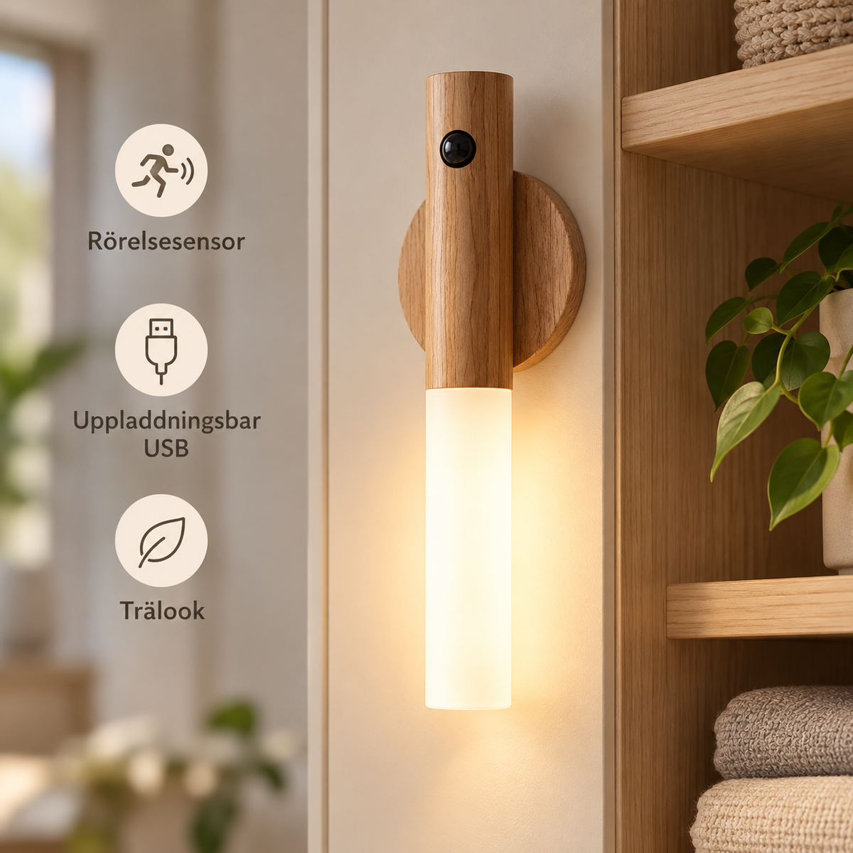 Magnetisk LED-lampa med rörelsesensor – trälook