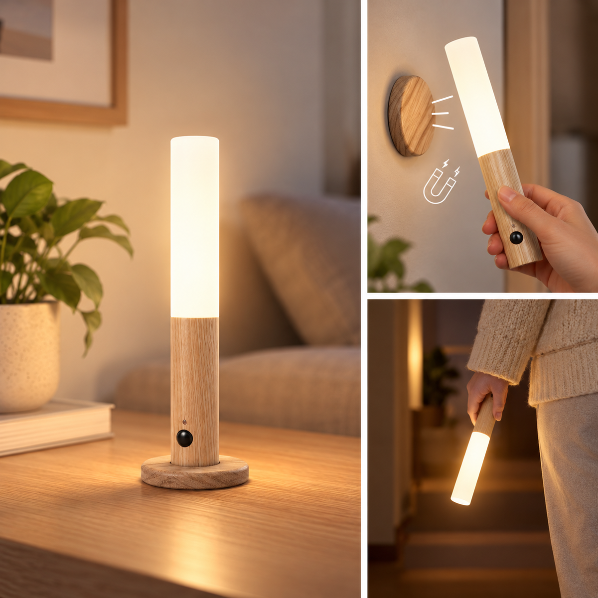 Magnetisk LED-lampa med rörelsesensor – trälook