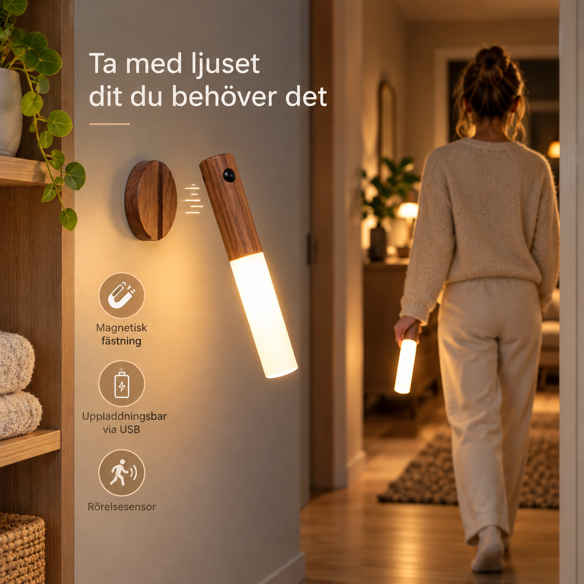 Magnetisk LED-lampa med rörelsesensor – trälook