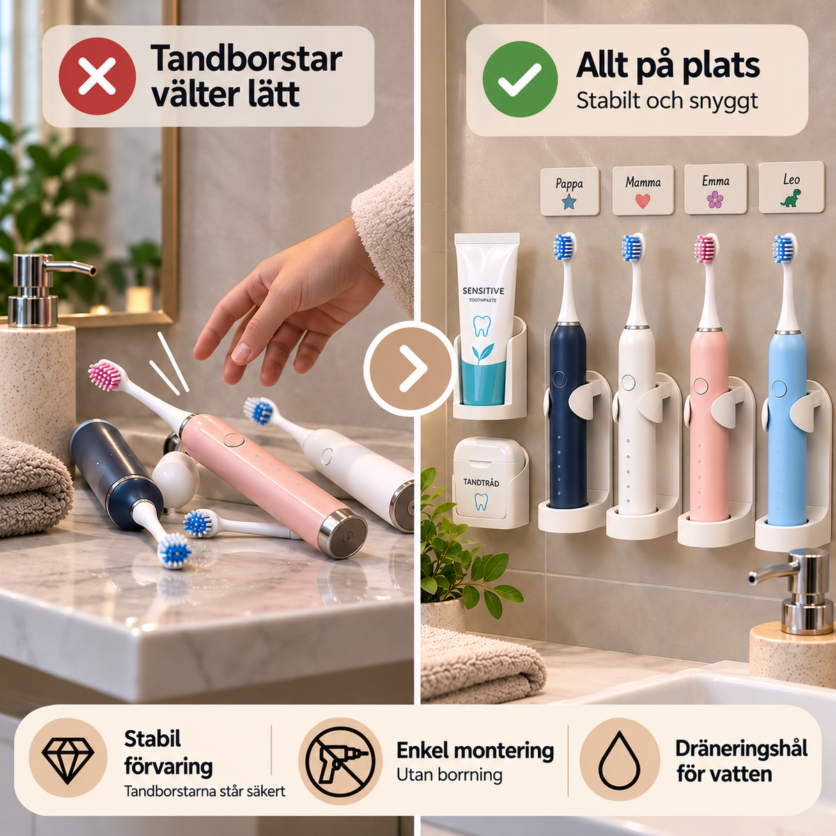 Fyrkantig eltandborsthållare - utan att borra
