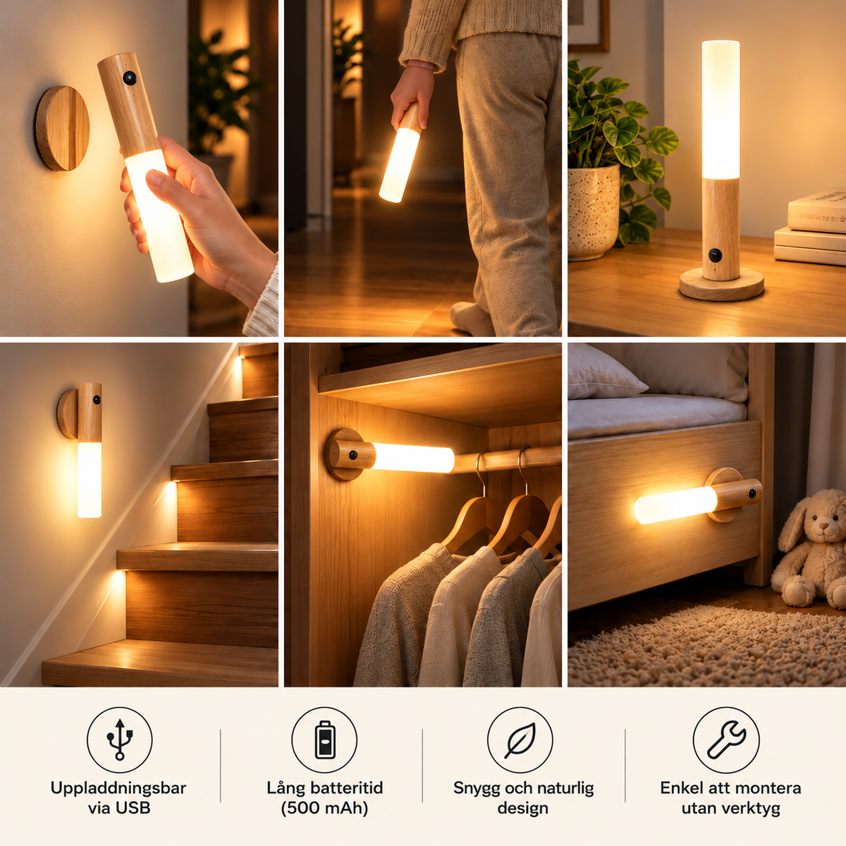 Magnetisk LED-lampa med rörelsesensor – trälook